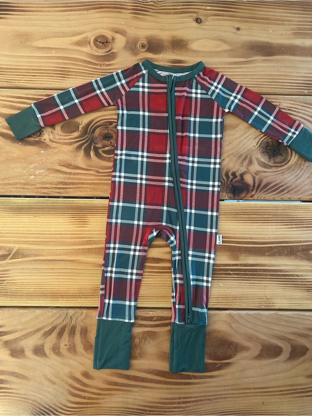 Family Plaid Zippered Kids One-Piece in Red and Green - Holiday Sleepwear